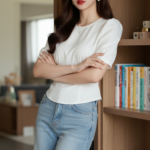 Chân dung thực tế của cô gái trẻ thanh lịch trong không gian ấm cúng