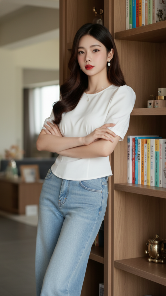 Chân dung thực tế của cô gái trẻ thanh lịch trong không gian ấm cúng