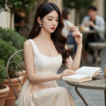 Chân dung thanh lịch của cô gái trẻ trong không gian cafe sang trọng