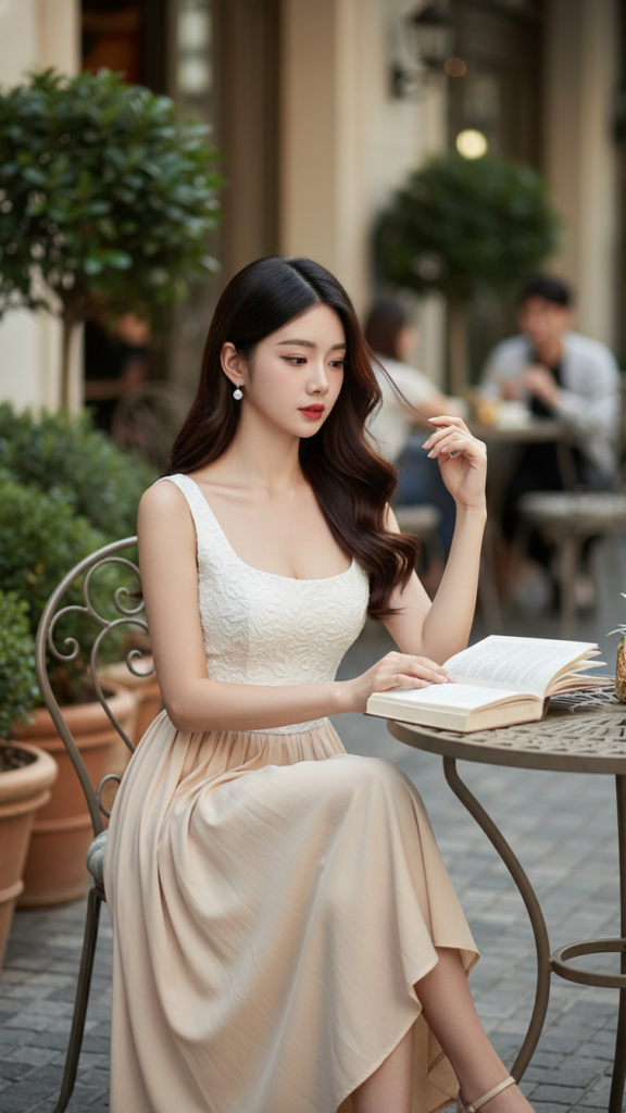 Chân dung thanh lịch của cô gái trẻ trong không gian cafe sang trọng