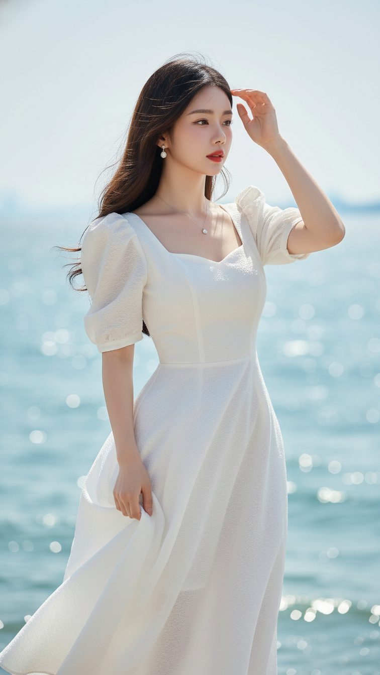 Tạo chân dung tinh tế của cô gái trẻ bên biển xanh mát mẻ