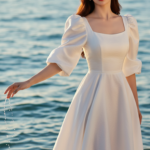 Chân dung người phụ nữ trẻ tinh tế bên bờ biển trong bộ váy trắng tuyệt đẹp