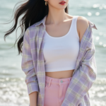 Chân dung thực tế của cô gái trẻ bên bờ biển đầy sắc màu và sự tự tin