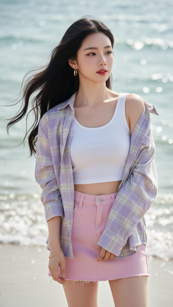 Chân dung thực tế của cô gái trẻ bên bờ biển đầy sắc màu và sự tự tin