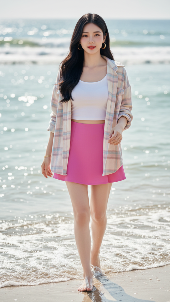 Tạo chân dung thực tế của cô gái trẻ cùng phong cách thời trang nổi bật bên bờ biển