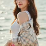 Chân dung cô gái trẻ thanh lịch bên biển với phong cách thời trang tươi trẻ