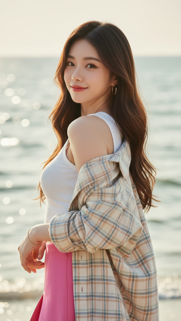 Chân dung cô gái trẻ thanh lịch bên biển với phong cách thời trang tươi trẻ