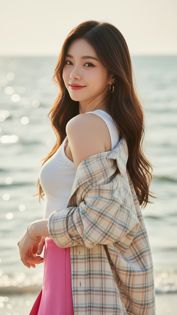 Chân dung cô gái trẻ thanh lịch bên biển với phong cách thời trang tươi trẻ