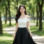 Chân dung thanh lịch của cô gái trẻ trong công viên xanh mát