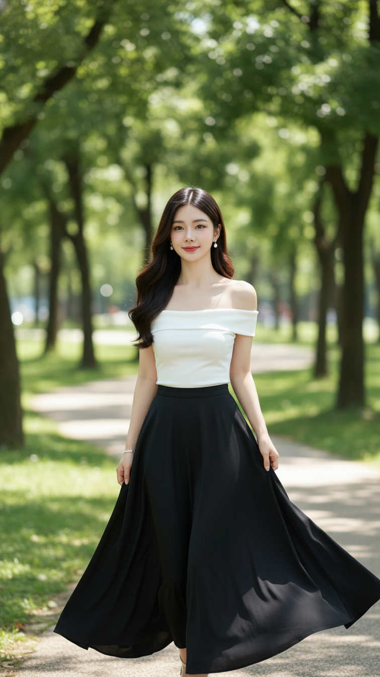 Chân dung thanh lịch của cô gái trẻ trong công viên xanh mát