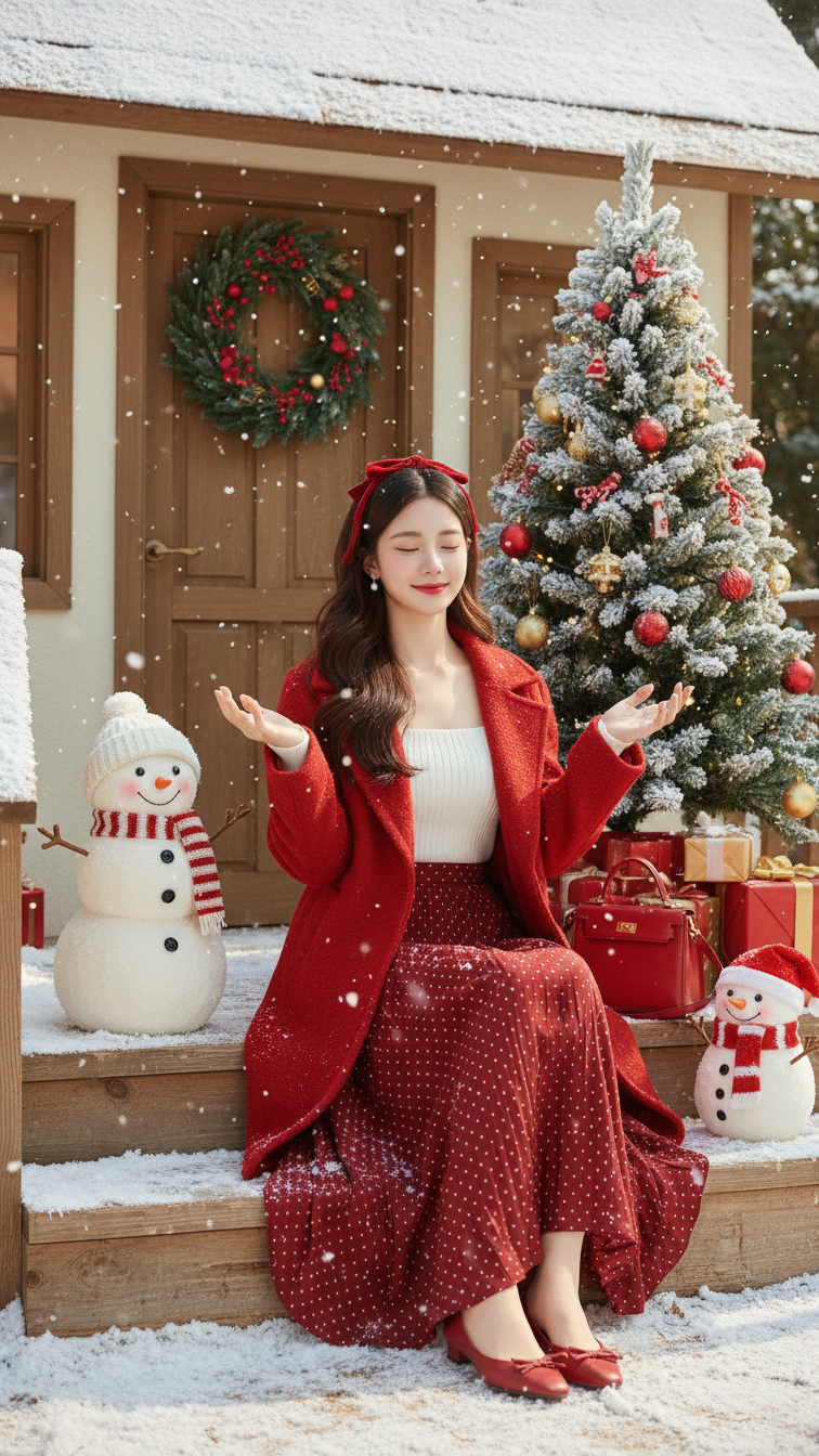 Chân dung Giáng sinh ngọt ngào cùng cô gái và bông tuyết lãng đãng