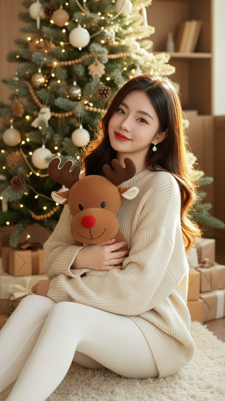 Chân dung trẻ trung bên cây thông Noel với ánh nắng vàng rực rỡ