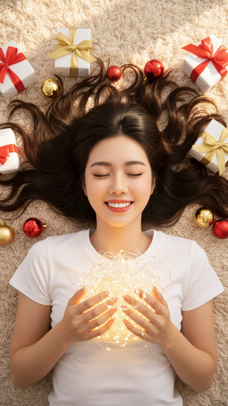 Bức chân dung giản dị của cô gái trẻ giữa ánh sáng Giáng Sinh ấm áp