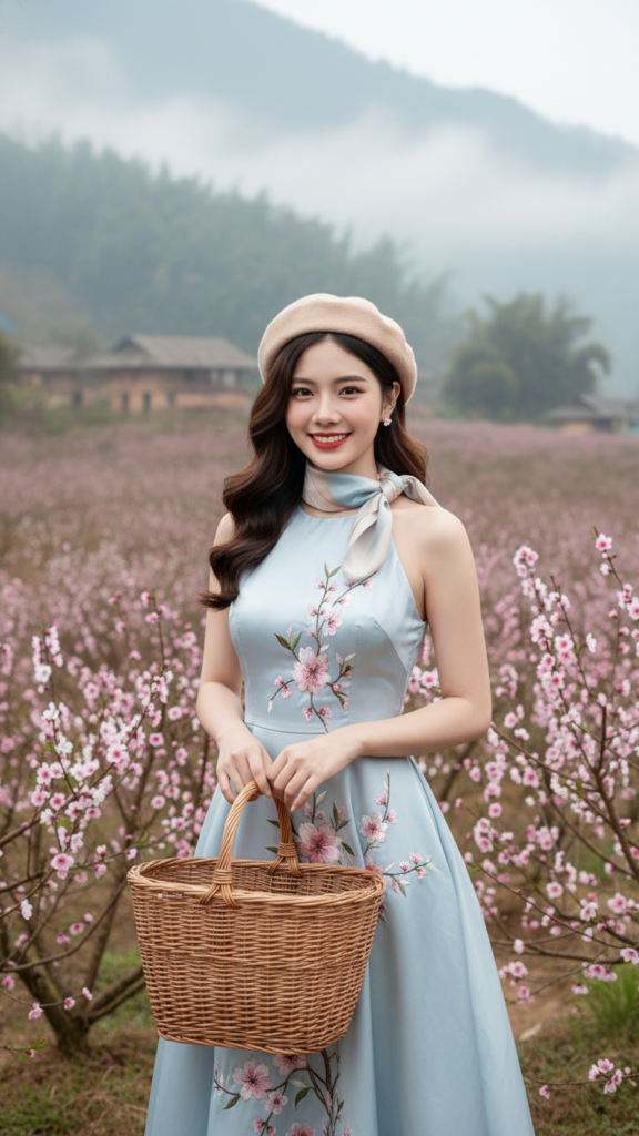 Tạo chân dung nữ trẻ giữa vườn đào Sapa với vẻ đẹp tự nhiên và sang trọng
