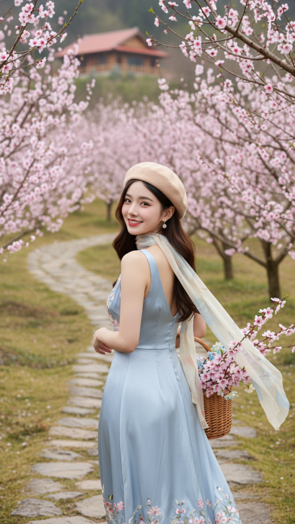 Tạo chân dung thực tế của cô gái trong trang phục pastel xinh đẹp giữa mùa hoa nở