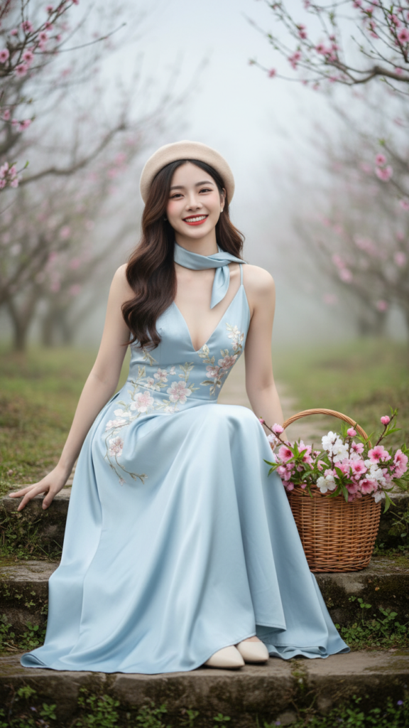 Vẽ chân dung nữ sinh tỏa sáng giữa vườn đào Sapa đầy sương mù