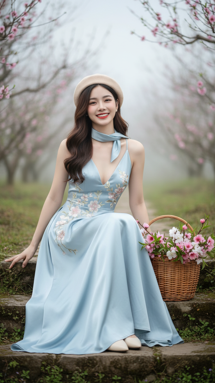 Vẽ chân dung nữ sinh tỏa sáng giữa vườn đào Sapa đầy sương mù