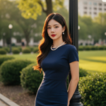 Chân dung thanh lịch của cô gái trẻ trong bộ trang phục navy giữa công viên thành phố