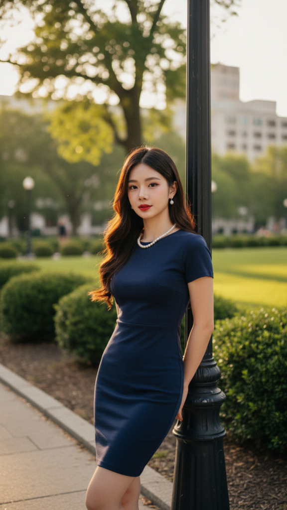 Chân dung thanh lịch của cô gái trẻ trong bộ trang phục navy giữa công viên thành phố