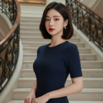 Chân dung hiện đại của cô gái châu Á tại bậc thang sang trọng trong bộ đồ navy