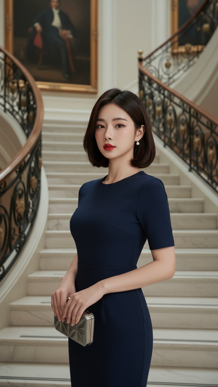 Chân dung hiện đại của cô gái châu Á tại bậc thang sang trọng trong bộ đồ navy