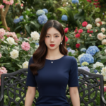Chân dung thanh lịch của cô gái trẻ giữa khu vườn hoa trong trang phục xanh navy