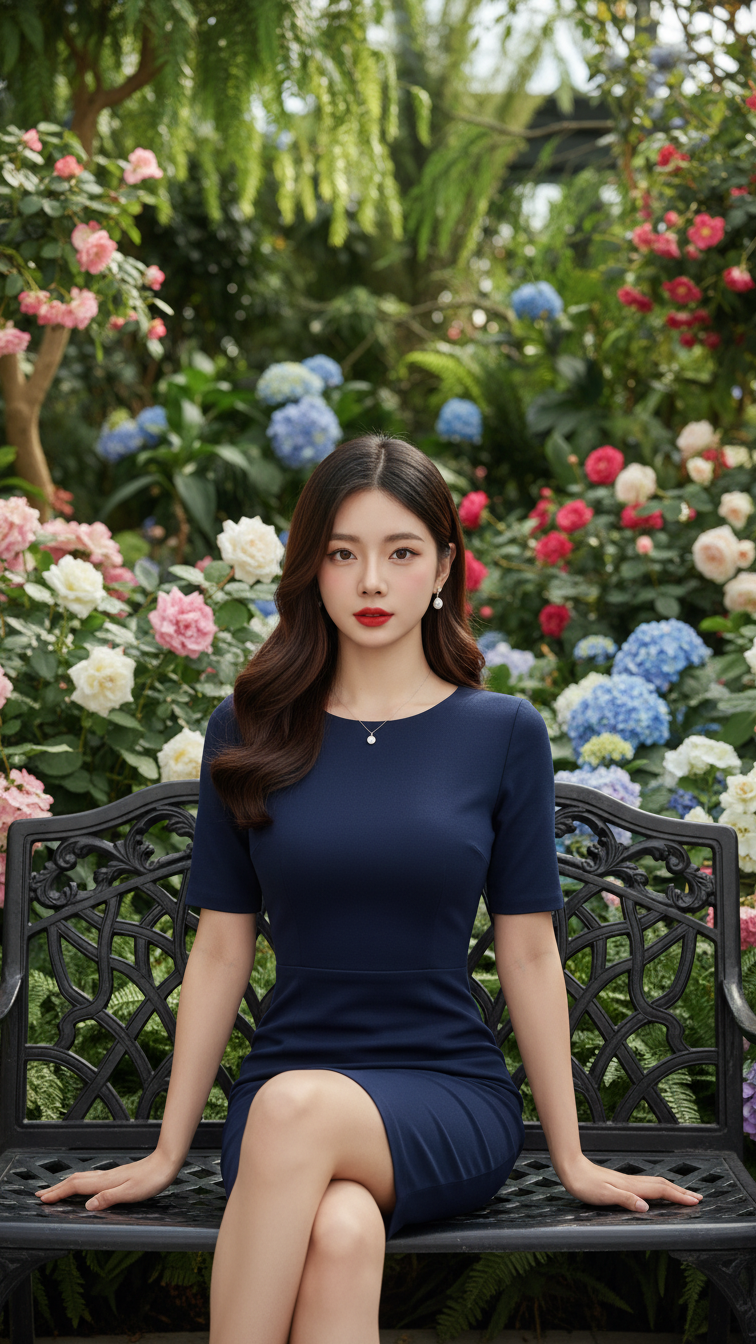 Chân dung thanh lịch của cô gái trẻ giữa khu vườn hoa trong trang phục xanh navy