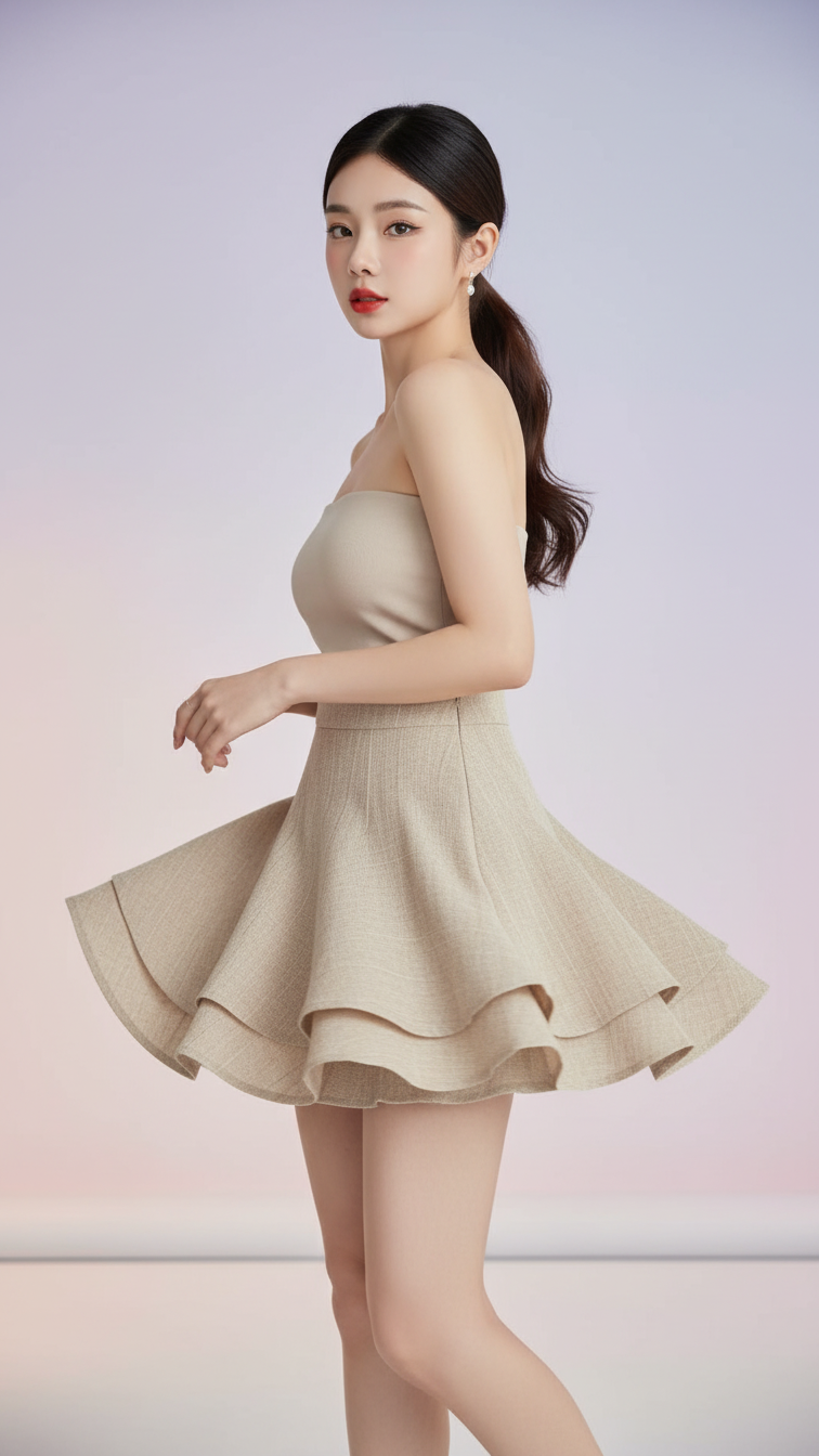Chân dung thanh lịch của cô gái trẻ trong bộ váy xếp lớp đầy cuốn hút