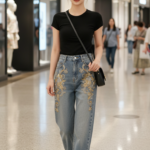 Chân dung thời trang cô gái trẻ trong bộ jeans cao cấp tại trung tâm mua sắm sang trọng