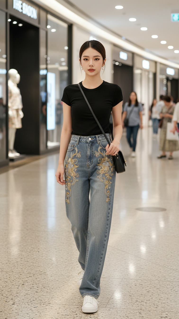 Chân dung thời trang cô gái trẻ trong bộ jeans cao cấp tại trung tâm mua sắm sang trọng