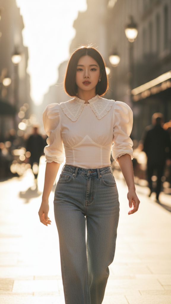 Chân dung thanh lịch của cô gái trẻ giữa phố đô thị sang trọng vào giờ vàng