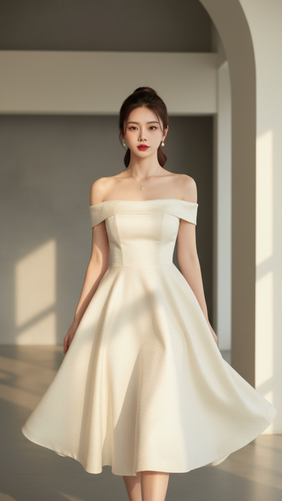 Chân dung hiện đại của người mẫu mặc váy trễ vai phong cách tại studio sang trọng