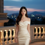 Chân dung tuyệt đẹp của cô gái trẻ trong chiếc váy kem bên tòa lâu đài diễm lệ