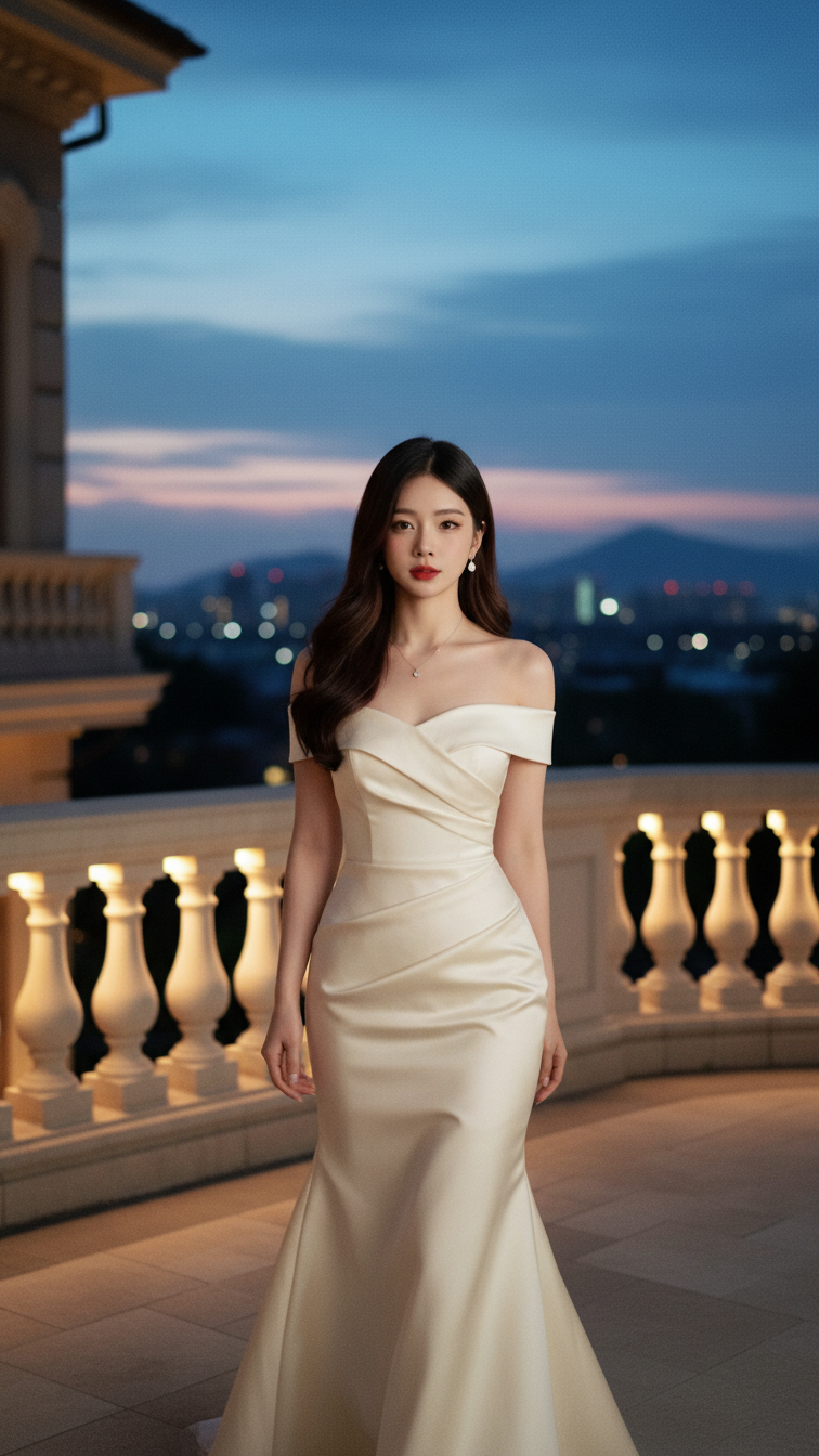 Chân dung tuyệt đẹp của cô gái trẻ trong chiếc váy kem bên tòa lâu đài diễm lệ