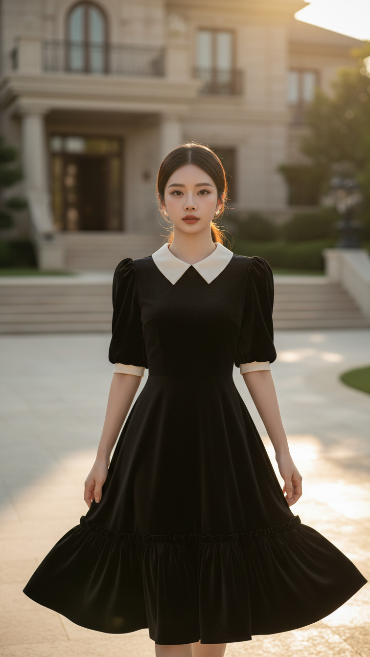 Khám Phá Vẻ Đẹp Tự Nhiên Của Cô Gái Châu Á Trong Bộ Váy Nhung Đen Sang Trọng