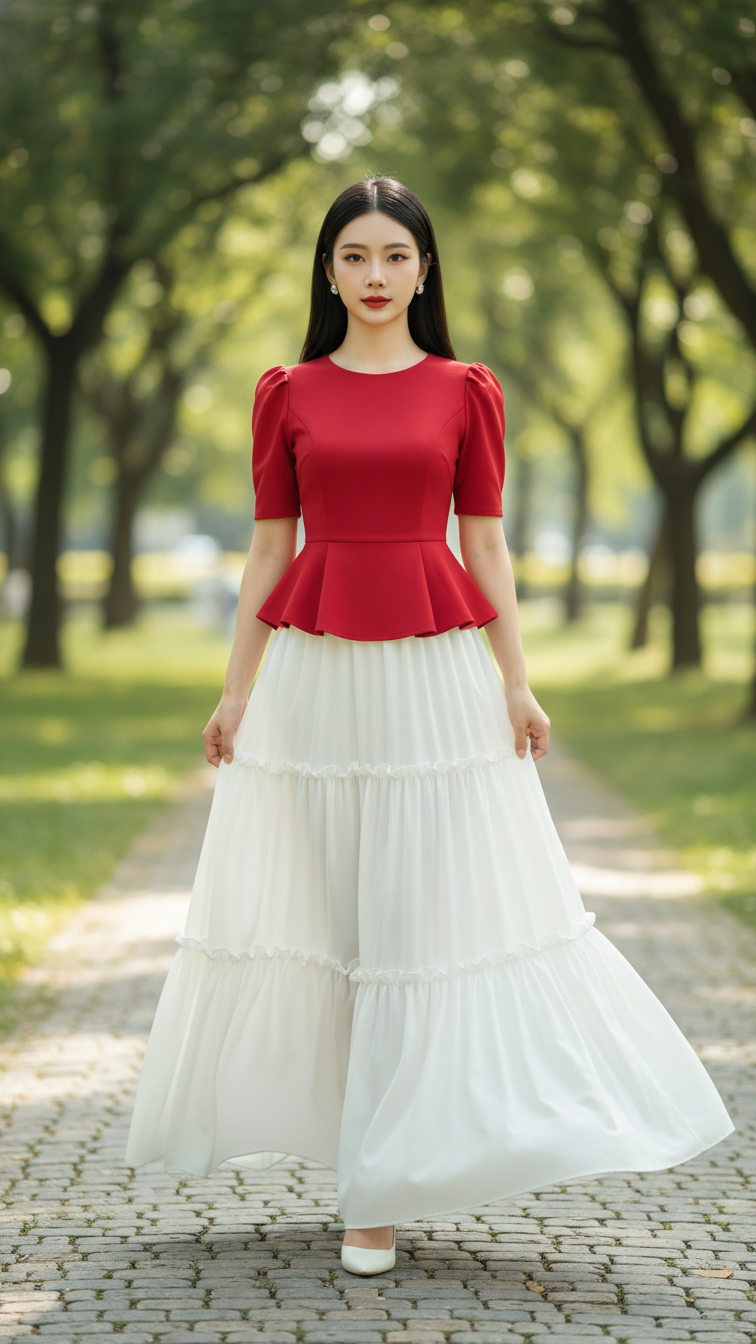 Tạo chân dung thực tế của cô gái tuổi 20 tự tin và thanh lịch giữa công viên xanh mát