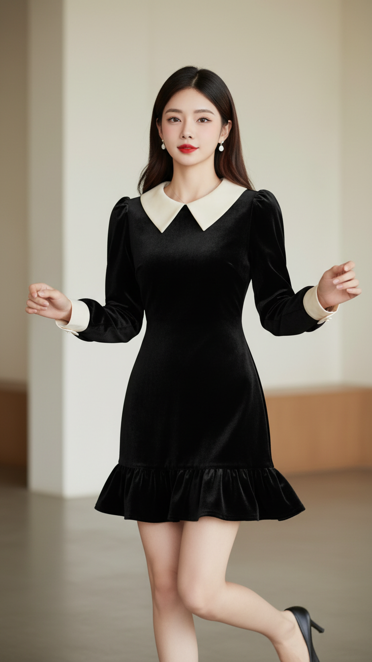 Chân dung cô gái trẻ trong bộ đầm nhung đen sang trọng tại studio tối giản