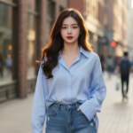 Chân dung trẻ trung giữa phố với áo sơ mi xanh và quần shorts jeans cao cấp