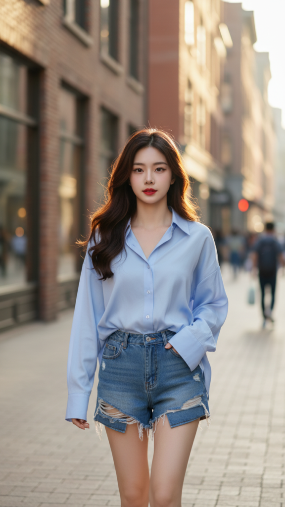 Chân dung trẻ trung giữa phố với áo sơ mi xanh và quần shorts jeans cao cấp