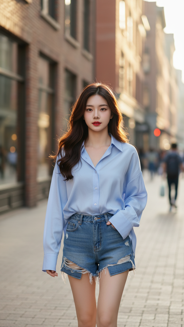 Chân dung trẻ trung giữa phố với áo sơ mi xanh và quần shorts jeans cao cấp