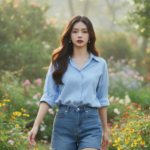 Chân dung cô gái trẻ tự nhiên trong trang phục thời thượng giữa vườn hoa sáng sớm