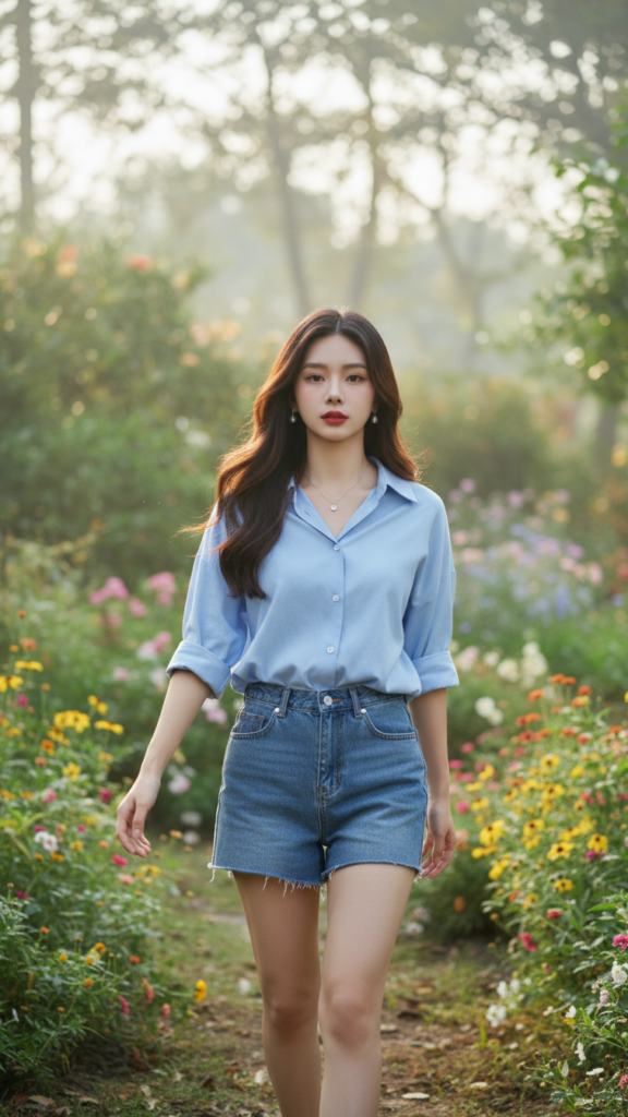 Chân dung cô gái trẻ tự nhiên trong trang phục thời thượng giữa vườn hoa sáng sớm