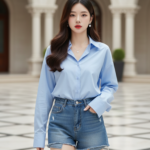 Chân dung thanh lịch của cô gái trẻ trong trang phục quần áo thời thượng tại biệt thự sang trọng