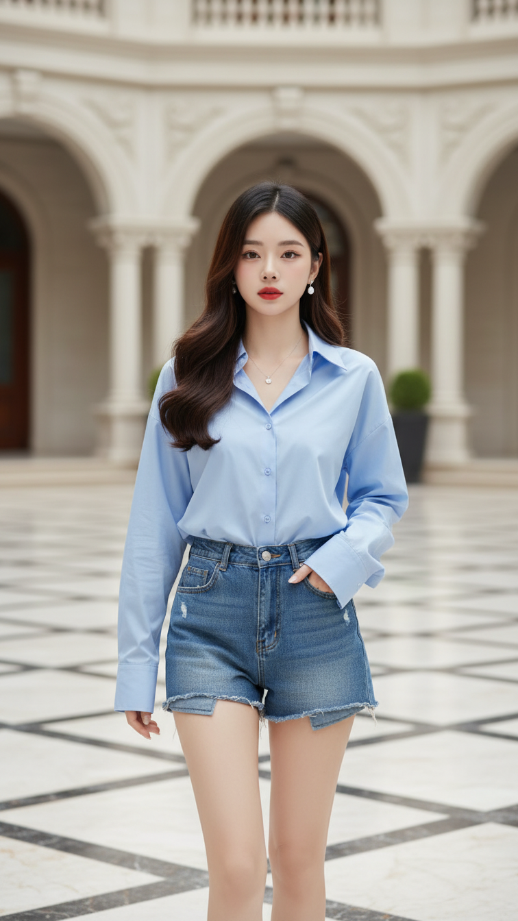 Chân dung thanh lịch của cô gái trẻ trong trang phục quần áo thời thượng tại biệt thự sang trọng