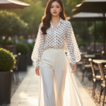 Chân dung thanh lịch của người mẫu trẻ trong bộ trang phục trắng thời thượng