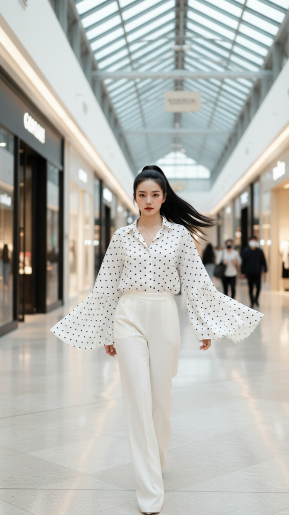 Chân dung phong cách người phụ nữ trẻ tự tin tại trung tâm mua sắm sang trọng