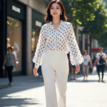 Chân dung thực tế của người mẫu trẻ trong trang phục trắng thanh lịch giữa phố đô thị