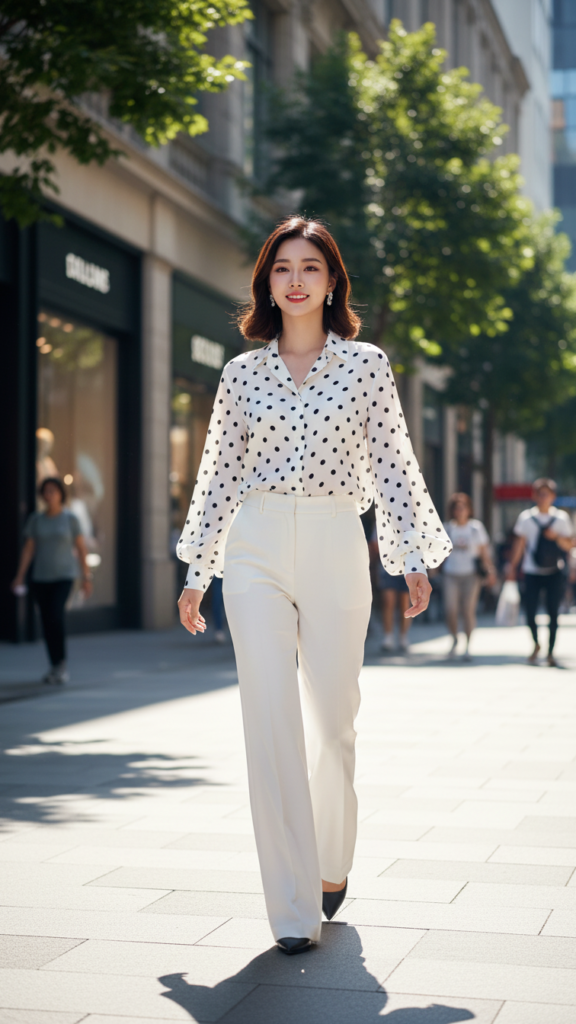Chân dung thực tế của người mẫu trẻ trong trang phục trắng thanh lịch giữa phố đô thị