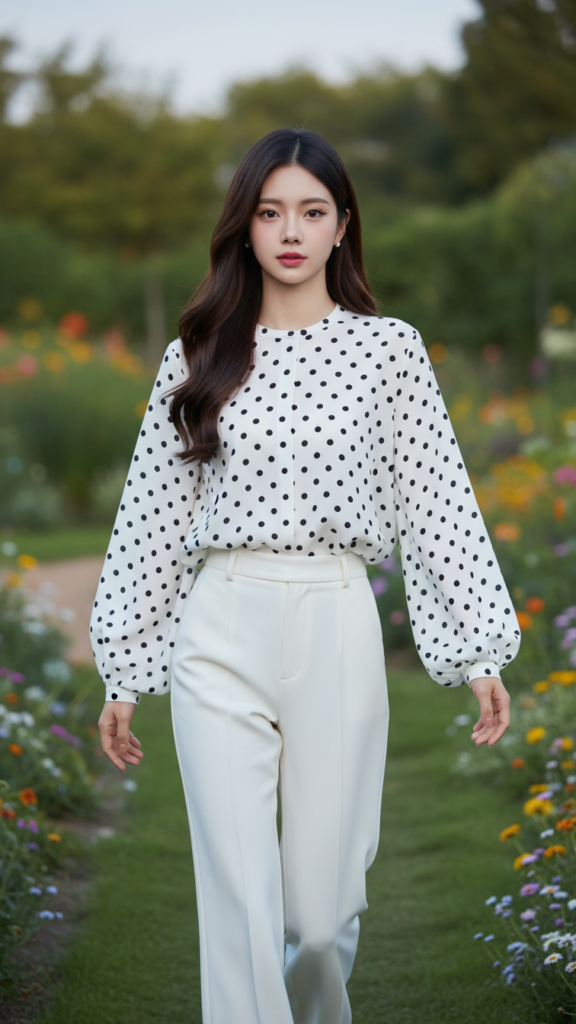 Chân dung nữ thanh niên trong trang phục trắng tại vườn hoa vào lúc chạng vạng.