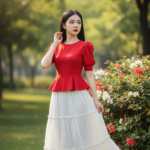 Chân dung thực tế của cô gái trẻ tự tin và thanh lịch trong công viên xanh tươi